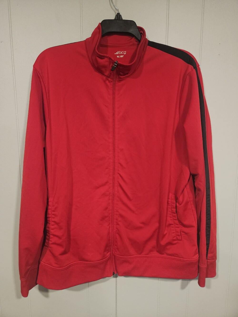 BCG Track Jacket Mens XL Red Black Full Zip Lightweight Athletic Mock Neck Meas